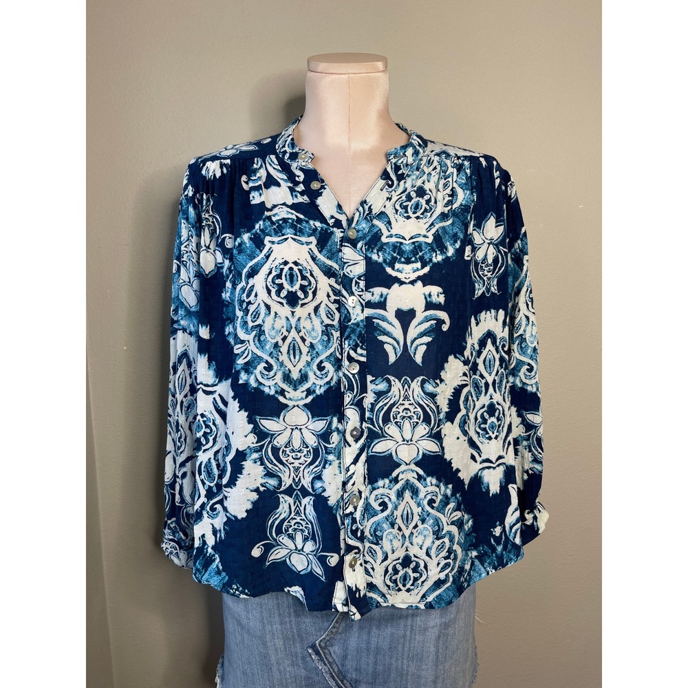 Haute Hippie Blouse Blue White Damask Paisley Button Front Boho Top S - Picture 1 of 11